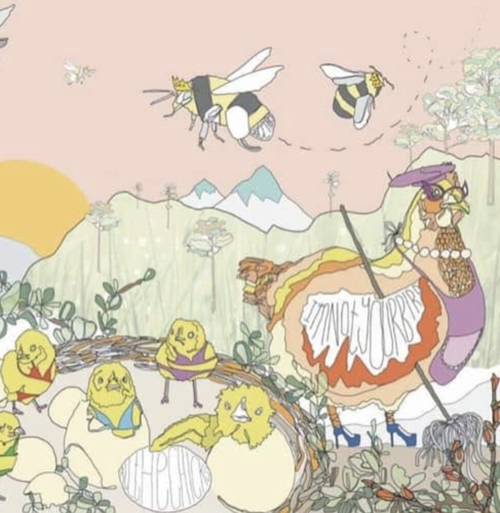 Wingers illustration — bee and chicks scene